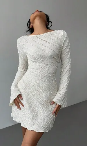 Pure White Textured Asymmetric Off-Shoulder Long Sleeve Dress thumbnail 1