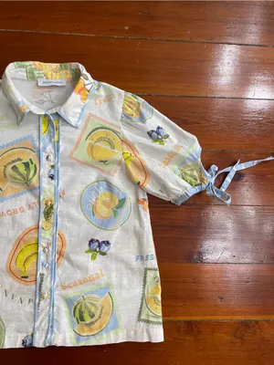 Prosperina Clementine Multi Print Cotton Linen Button Front Tie Sleeve Top 💛🎀 thumbnail 3