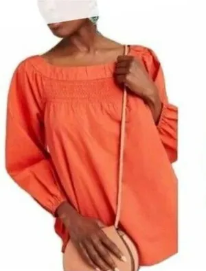 Anthropologie Maeve coral smocked neck long sleeve blouse small thumbnail 1