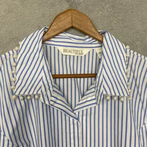 BEAUTIFUL by Lawrence Zarian Shirt Womens Medium Blue Stripe Pearl Button Top thumbnail 9