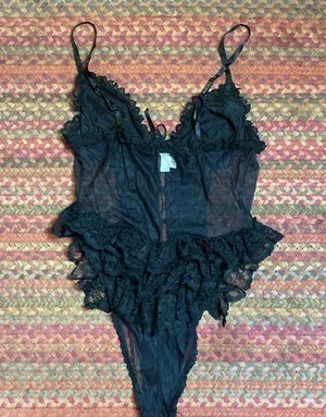 Vintage Sexy Black Lace Tie Front Ruffle Trim Bodysuit thumbnail 5