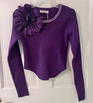 Women’s Purple Floral Rhinestone Ribbed Long Sleeve Crop Top thumbnail 1