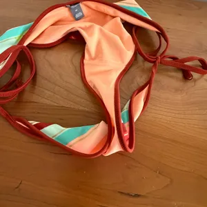 Aerie Bikini Set Rust Orange High Neck Crochet Top M Striped Side Tie Bottoms L thumbnail 4