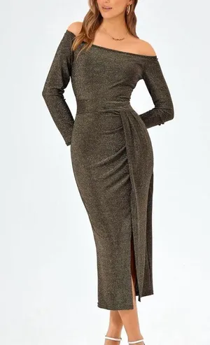 NEW Off Shoulder Bodycon Long Sleeve Ruched Slit Glitter Cocktail Dress XL thumbnail 5