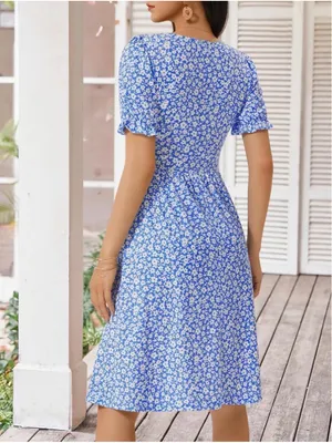 NEW Square Neck Dress Floral Puff Sleeve A Line Midi Dress Pockets S thumbnail 2