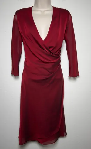 Donna Ricco Women Babydoll Dress Red Sheer Ruched Midi Burgundy Draped Flare thumbnail 1