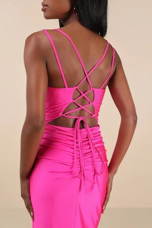 Jadine Hot Pink Slinky Knit Ruched Lace-Up Mermaid Maxi Dress thumbnail 3