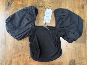 NWT Womens Zara black puff sleeve crop top blouse‎ ribbed size M thumbnail 1