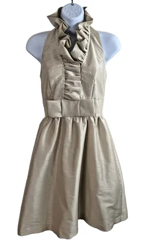 Alfred Sung Champagne‎ Gold Ruffled Halter Cocktail Dress Sz 0 Bow Waist Detail Knee Length thumbnail 1