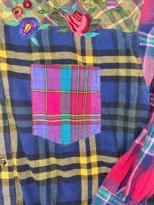 90s QPS Patchwork Embroidered Plaid Flannel Button thumbnail 5