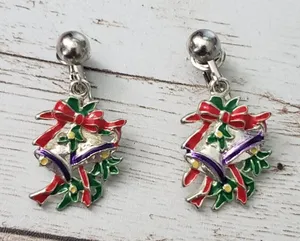 Vintage Clip On Earrings - Christmas Bells & Bow 1.5" thumbnail 1