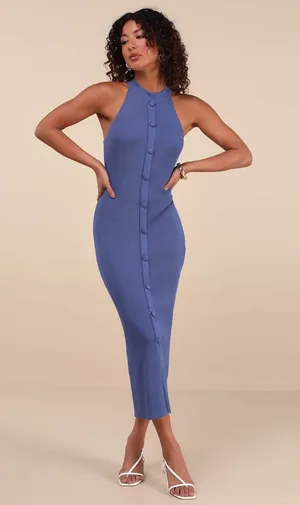 NWT Lulus Sunia Blue Sleeveless Button-Front Midi Sweater Dress Party Holiday M thumbnail 1
