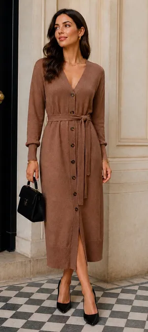 Boden Knit Midi Dress Brown Belted Button Front V Neck Minimalist Classic Size 8 | $190 | NWOT thumbnail 1