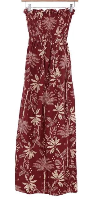 Monteau Los Angeles Strapless Maxi Dress XS Burgundy Tropical Palm Linen Blend thumbnail 1