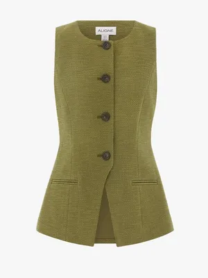 NWT Leo Long Boucle Waistcoat Sleeveless Olive Green Vest | 0 thumbnail 2