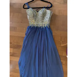 2000s Glow Dress Blue Chiffon Beaded Prom Gown Gold Sequin Formal Strapless S thumbnail 10