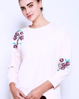 Satva Movement Sarana Embroidered‎ Blossom Sweatshirt Women's Medium Blush Yoga thumbnail 1