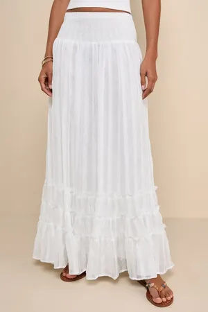 New Lulus Sunny White Smocked Tiered High-Waisted Midi Skirt Size Small MSRP $59 thumbnail 2