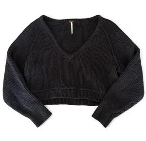 Free People Black V-Neck Cropped Knit Sweater thumbnail 1