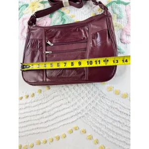 Burgundy Patchwork Leather Multi Pocket Crossbody Shoulder Bag Wine‎ Red thumbnail 7