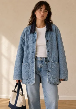 Vintage Quilted Denim Barn Jacket Navy Corduroy Collar Oversized thumbnail 1