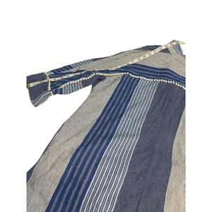 NIC+ZOE Linen Blend Striped Tunic Top Mini Dress Large Blue White Pom Trim thumbnail 7