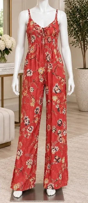 Jase Women Jumpsuit Red Floral Wide Leg Adjustable Straps Size Small thumbnail 1