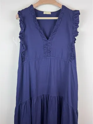 STARK X Navy Blue Cotton Ruffle Tiered Maxi Dress Size L Made in USA thumbnail 3
