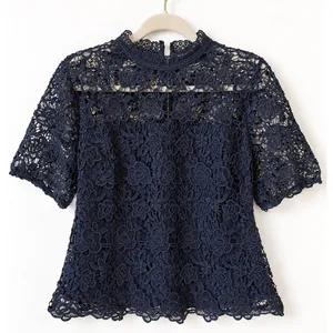 Nanette Lepore Lace Top Womens Size M Navy Blue Mock Neck Zipper Back Coquette thumbnail 1