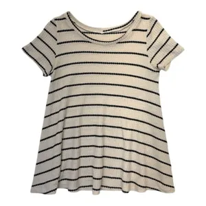 Women’s Waffle Knit Striped Tunic Top Medium Beige Black Short Sleeve Casual thumbnail 1