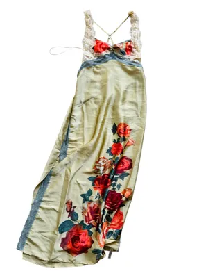 Free People Yellow Satin Floral Slip with Red Rose Accents NEW thumbnail 2