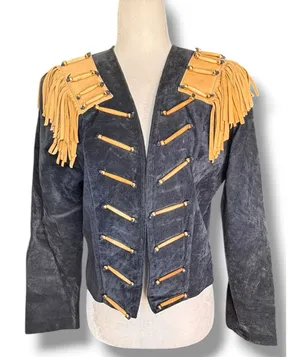 Vintage Black Suede Tan Fringe Military Jacket‎ Small Western Rocker Leather thumbnail 1