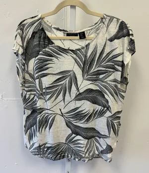 Tahari 100% Linen Tropical Palm Leaf Print Cap Sleeve T-shirt Top Black White XL thumbnail 1