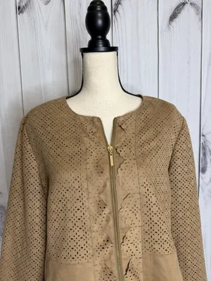 Chicos Jacket Womens Sz 3 XL Tan Leather Suede Full Zip Jacket Laser Cut thumbnail 2