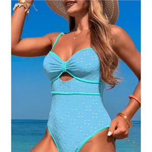 Bright Aqua Women's One Piece Swimsuit Sexy Cutout Monokini High Cut Size Medium thumbnail 2