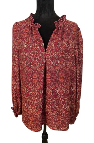 Max Studio Red Floral Printed Crepe Long Sleeve Blouse Size XL Office Business thumbnail 1