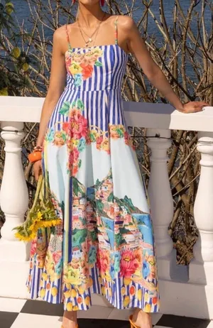 Positano Lemon Spaghetti Strap Square Neck Holiday Maxi Dress New thumbnail 1