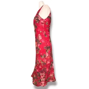 Vintage Red Floral Crinkle Maxi Dress Sleeveless Open Keyhole Back Romantic thumbnail 5