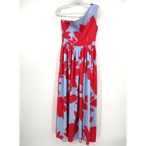One Shoulder Maxi Dress SM Red Blue Floral Swing Pleated Vacation Resort Summer thumbnail 2