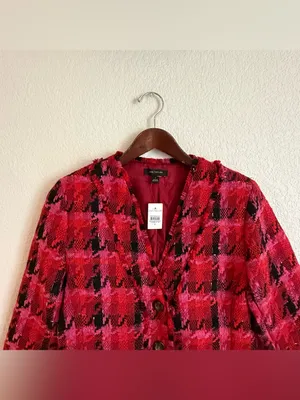 NWT Ann Taylor Womens Blazer Red Pink Tweed Houndstooth Size 4 thumbnail 3