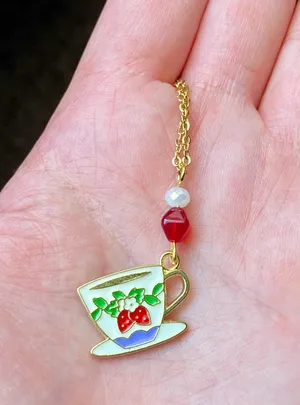 Handmade strawberry teacup cottage fairy cute necklace🍓🫖 thumbnail 3