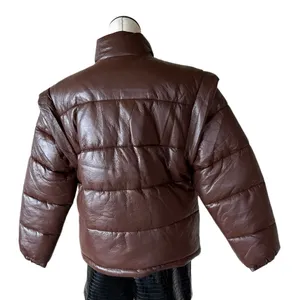 NWT We Wore What Snap-Off Sleeve Faux Leather Puffer Jacket Chocolate Brown XS thumbnail 8