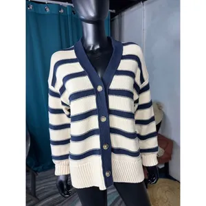 Madewell Striped Navy Cream V Neck S Button‎ Front Knit Cardigan Sweater Women thumbnail 2