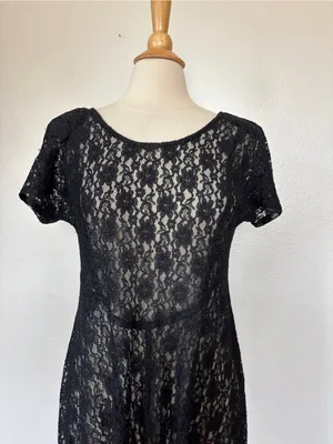 All That Jazz Vintage Witchy Goth Black Lace Short Sleeve Sheer Skater Dress thumbnail 2