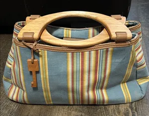 Fossil Cabana Stripe Canvas Wood‎ Handled Satchel Handbag in multicolor. thumbnail 1