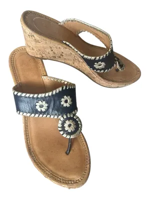 Jack Rogers Navy Blue Leather Cork Wedge Goldtone Flecked Thong Sandals 8 thumbnail 1