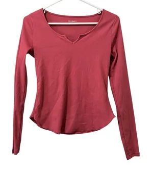 Old Navy Women Size Small‎ Long Sleeve V Neck T Shirt Pink Ribbed Stretch Preppy thumbnail 1
