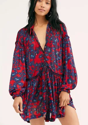 NEW Free People Red Floral Bohemian Keyhole Long Sleeve Mini Dress SMALL Tunic thumbnail 1
