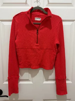 Free People We The Free Midnight Half Zip Ribbed Pullover Coral Red M Boho thumbnail 3