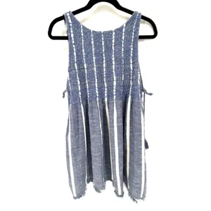Free People Obi Posey Smocked Tank Top Striped Boho Hippie M Blue White Fringe thumbnail 8